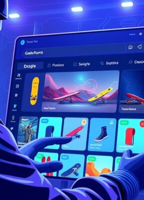 A dynamic illustration of a user interacting with an AI-powered interface that generates a sleek, modern online skateboard store design, vibrant product images and customizable sections highlighted on a bright screen --ar 16:9