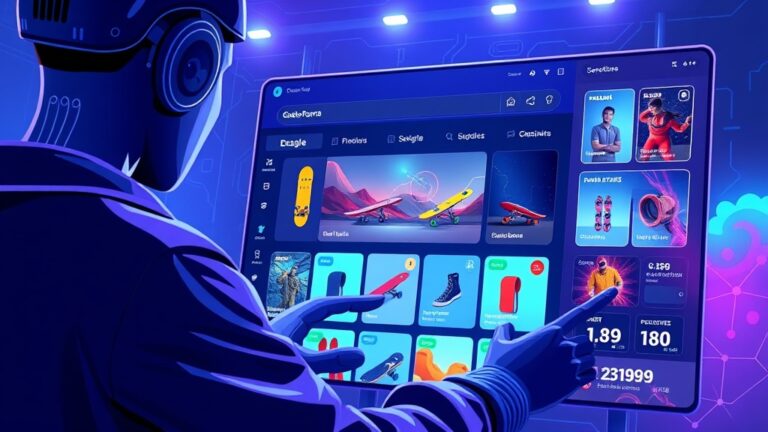 A dynamic illustration of a user interacting with an AI-powered interface that generates a sleek, modern online skateboard store design, vibrant product images and customizable sections highlighted on a bright screen --ar 16:9