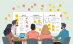A dynamic illustration of a diverse project team collaboratively brainstorming clear goals and strategies for a successful AI implementation, surrounded by flowcharts and colorful post-it notes --ar 16:9