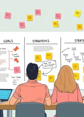 A dynamic illustration of a diverse project team collaboratively brainstorming clear goals and strategies for a successful AI implementation, surrounded by flowcharts and colorful post-it notes --ar 16:9
