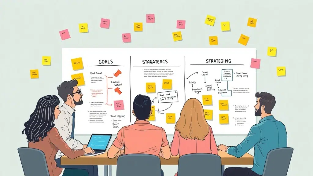 A dynamic illustration of a diverse project team collaboratively brainstorming clear goals and strategies for a successful AI implementation, surrounded by flowcharts and colorful post-it notes --ar 16:9