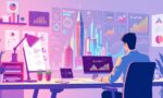 A dynamic illustration of a creative workspace where a user interacts with an AI interface generating a colorful infographic about the tallest buildings, surrounded by digital charts and data visualizations in a modern, minimalistic style --ar 16:9