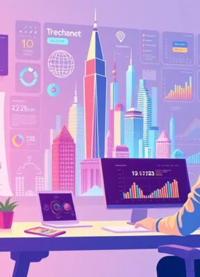A dynamic illustration of a creative workspace where a user interacts with an AI interface generating a colorful infographic about the tallest buildings, surrounded by digital charts and data visualizations in a modern, minimalistic style --ar 16:9