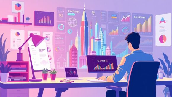 A dynamic illustration of a creative workspace where a user interacts with an AI interface generating a colorful infographic about the tallest buildings, surrounded by digital charts and data visualizations in a modern, minimalistic style --ar 16:9