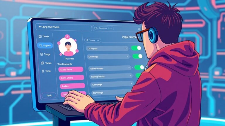 A dynamic illustration of a user creating a brand voice profile on a futuristic digital platform, showing vibrant color-coded keywords and tone settings on the screen --ar 16:9