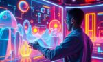 A dynamic illustration of a futuristic user interface showing a person interacting with a real-time generated video world, manipulating objects and environments with vivid neon colors and smooth transitions --ar 16:9