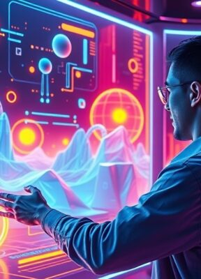 A dynamic illustration of a futuristic user interface showing a person interacting with a real-time generated video world, manipulating objects and environments with vivid neon colors and smooth transitions --ar 16:9