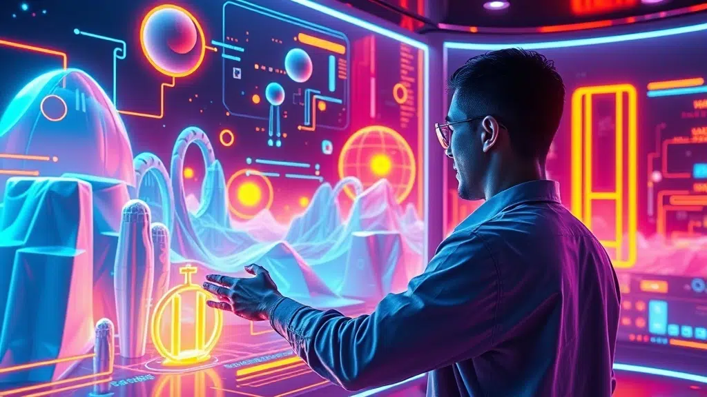 A dynamic illustration of a futuristic user interface showing a person interacting with a real-time generated video world, manipulating objects and environments with vivid neon colors and smooth transitions --ar 16:9