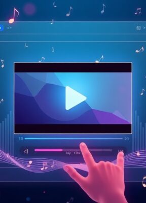 A dynamic illustration of a content creator uploading a video file into an AI-powered music generation interface, surrounded by musical notes and visual waveforms, emphasizing seamless music creation from video input --ar 16:9