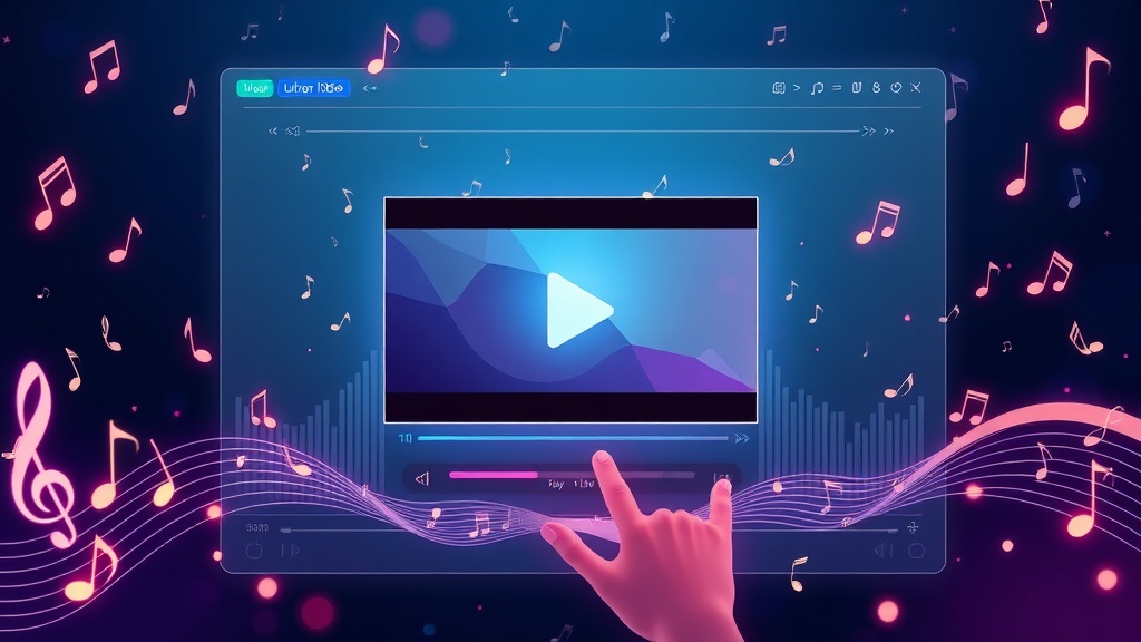 A dynamic illustration of a content creator uploading a video file into an AI-powered music generation interface, surrounded by musical notes and visual waveforms, emphasizing seamless music creation from video input --ar 16:9