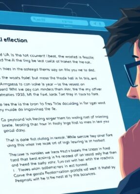 A dynamic illustration of a person thoughtfully interacting with an AI interface displaying feedback on a digital text document, emphasizing reflection and improvement --ar 16:9