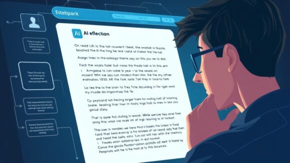 A dynamic illustration of a person thoughtfully interacting with an AI interface displaying feedback on a digital text document, emphasizing reflection and improvement --ar 16:9