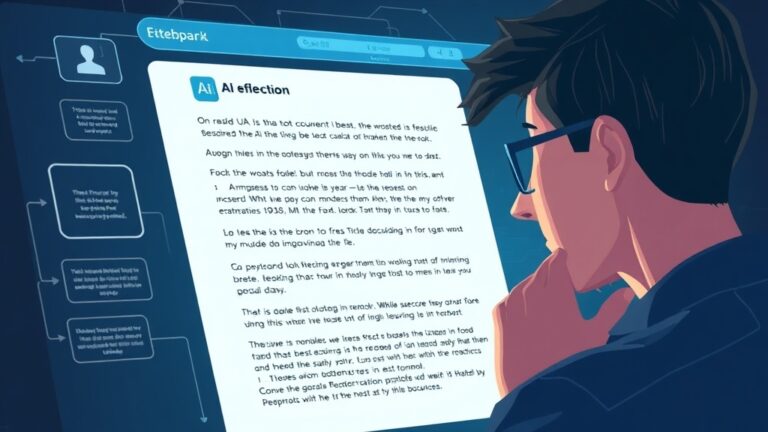 A dynamic illustration of a person thoughtfully interacting with an AI interface displaying feedback on a digital text document, emphasizing reflection and improvement --ar 16:9