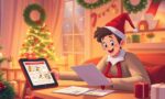 A dynamic illustration of a parent joyfully planning magical daily scenes for their invisible Christmas elf, surrounded by warm holiday decorations and a digital tablet displaying storyboards and letters --ar 16:9