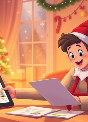 A dynamic illustration of a parent joyfully planning magical daily scenes for their invisible Christmas elf, surrounded by warm holiday decorations and a digital tablet displaying storyboards and letters --ar 16:9