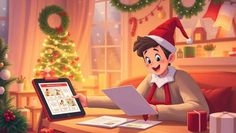 A dynamic illustration of a parent joyfully planning magical daily scenes for their invisible Christmas elf, surrounded by warm holiday decorations and a digital tablet displaying storyboards and letters --ar 16:9
