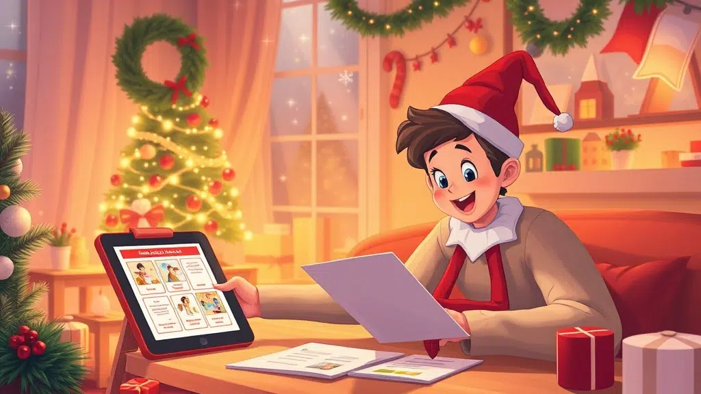 A dynamic illustration of a parent joyfully planning magical daily scenes for their invisible Christmas elf, surrounded by warm holiday decorations and a digital tablet displaying storyboards and letters --ar 16:9