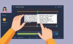 A dynamic illustration of a user effortlessly editing a video by deleting and rearranging text on a digital transcript interface, showcasing intuitive and time-saving video editing.