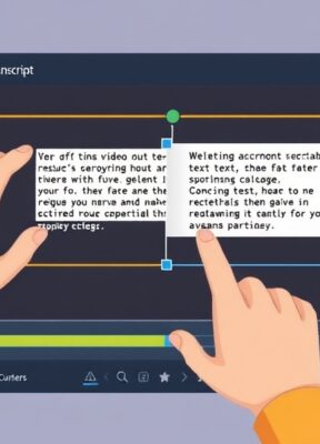 A dynamic illustration of a user effortlessly editing a video by deleting and rearranging text on a digital transcript interface, showcasing intuitive and time-saving video editing.