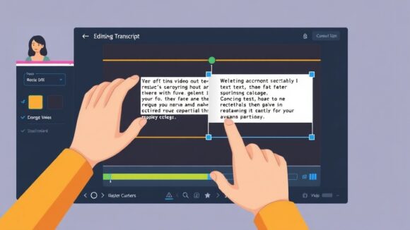 A dynamic illustration of a user effortlessly editing a video by deleting and rearranging text on a digital transcript interface, showcasing intuitive and time-saving video editing.
