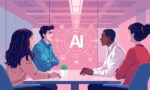 A dynamic illustration of diverse employees in an office setting engaging in a transparent discussion about AI, highlighting openness and trust building, with soft modern colors and futuristic minimalist shapes --ar 16:9
