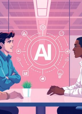 A dynamic illustration of diverse employees in an office setting engaging in a transparent discussion about AI, highlighting openness and trust building, with soft modern colors and futuristic minimalist shapes --ar 16:9