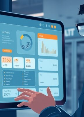 A dynamic illustration of a user interacting with a futuristic AI shopping assistant interface, displaying bicycle options with price tags and comparison charts on a sleek digital screen --ar 16:9