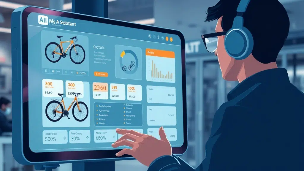 A dynamic illustration of a user interacting with a futuristic AI shopping assistant interface, displaying bicycle options with price tags and comparison charts on a sleek digital screen --ar 16:9