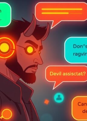 A dynamic illustration of a person interacting with a digital assistant symbolizing a devil