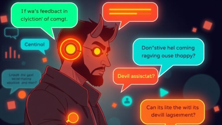 A dynamic illustration of a person interacting with a digital assistant symbolizing a devil's advocate, with glowing dialogue bubbles showing critical feedback and constructive suggestions --ar 16:9