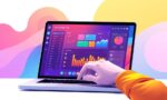 A dynamic illustration of a user interacting with a modern, colorful app design interface on a laptop, showing a vibrant dashboard to create web and mobile app prototypes seamlessly --ar 16:9