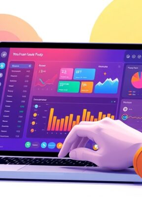 A dynamic illustration of a user interacting with a modern, colorful app design interface on a laptop, showing a vibrant dashboard to create web and mobile app prototypes seamlessly --ar 16:9