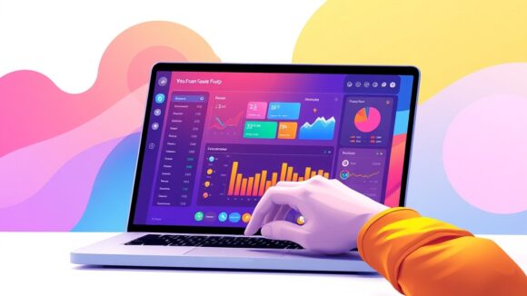 A dynamic illustration of a user interacting with a modern, colorful app design interface on a laptop, showing a vibrant dashboard to create web and mobile app prototypes seamlessly --ar 16:9