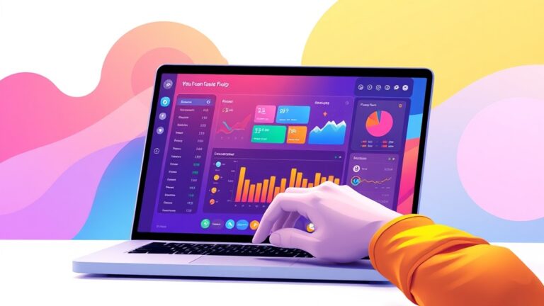 A dynamic illustration of a user interacting with a modern, colorful app design interface on a laptop, showing a vibrant dashboard to create web and mobile app prototypes seamlessly --ar 16:9