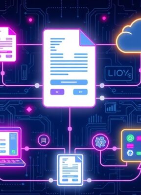 A dynamic illustration of a digital workflow automating invoice processing, showing PDFs transforming into structured data within colorful futuristic interfaces and cloud storage symbols --ar 16:9