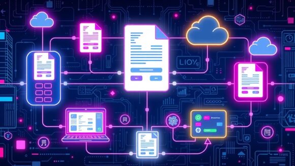 A dynamic illustration of a digital workflow automating invoice processing, showing PDFs transforming into structured data within colorful futuristic interfaces and cloud storage symbols --ar 16:9