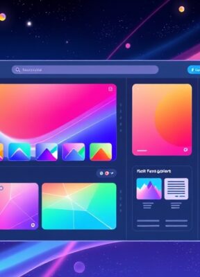 A dynamic illustration of a user interface showing a futuristic website builder dashboard with colorful hero sections and animated components being selected and previewed --ar 16:9