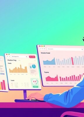 A dynamic illustration of a user effortlessly managing multiple browser tabs showing product and hotel comparison charts, with an AI assistant extracting and organizing data in real time, in vibrant colors and minimalist futuristic design --ar 16:9