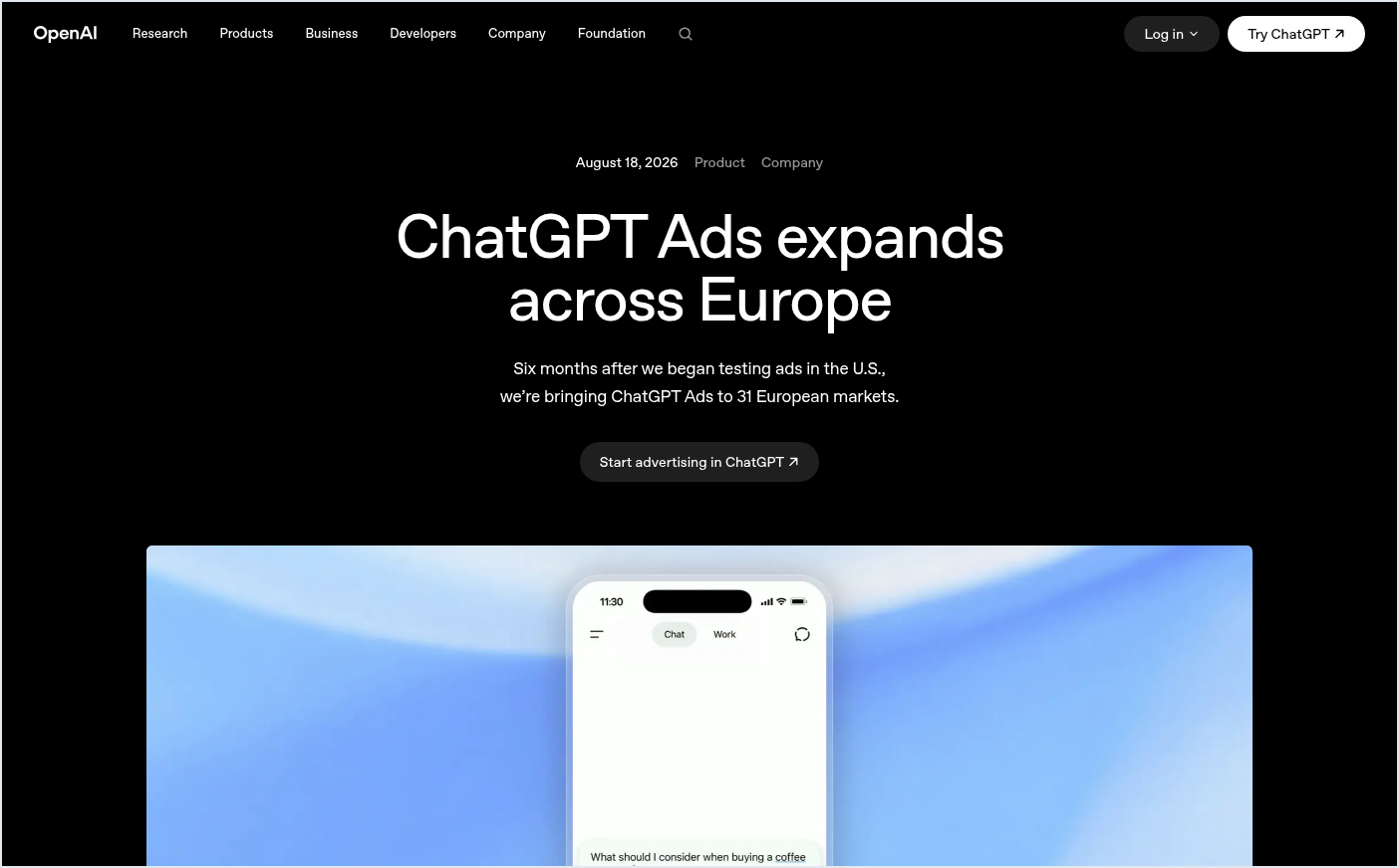 Screenshot: Ab Montag laufen Anzeigen in ChatGPT, auch in Deutschland