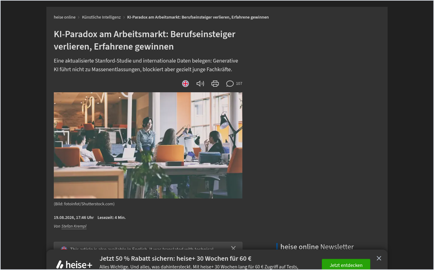 Screenshot: Berufseinsteiger verlieren, Erfahrene gewinnen