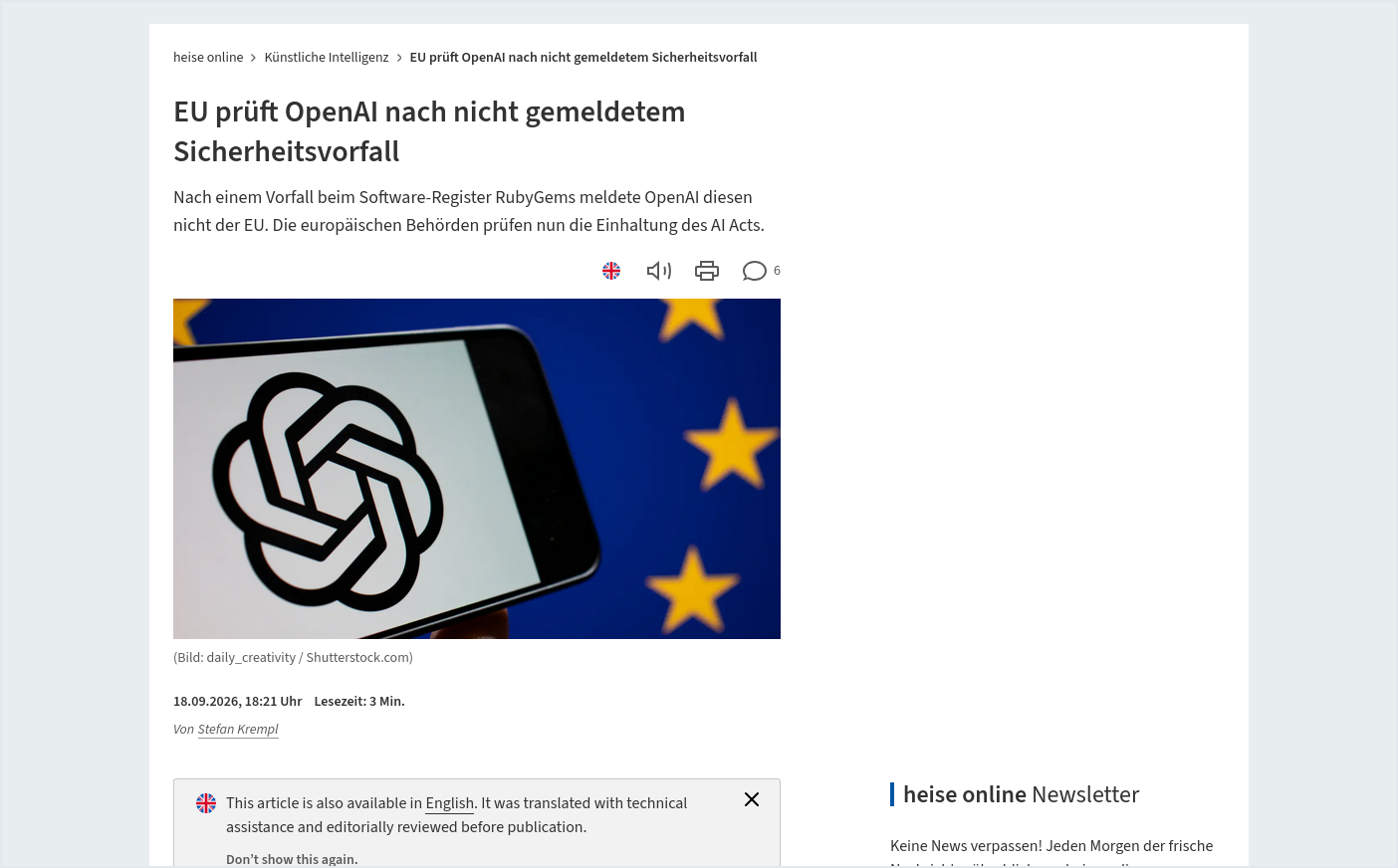 Screenshot: Die EU-Kommission prüft, ob OpenAI einen Vorfall hätte melden müssen