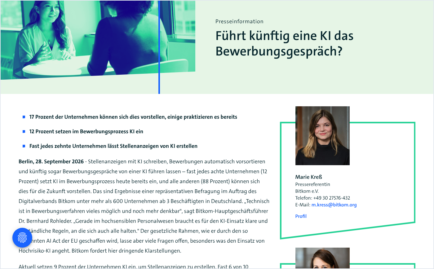 Screenshot: Jedes achte Unternehmen nutzt KI schon im Bewerbungsprozess