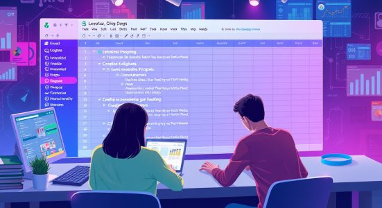A dynamic illustration of users collaborating on a vibrant Google Sheet interface, each working on crafting optimized prompts within an AI-powered environment --ar 16:9