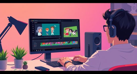 A dynamic illustration of an individual using a modern video editing interface to animate characters on a sleek computer setup, emphasizing creative possibilities and user engagement --ar 16:9